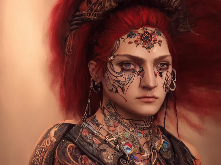 Image similar to a detailed portrait oil painting of a sad shaman girl with long red hair and face tattoos, cinematic, dramatic lighting, intricate artwork by eddie mendoza. Trending on artstation. 8k