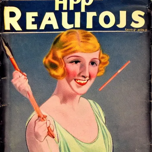 Prompt: a 1 9 2 8 cover of a quality magazine. happy, healthy, beautiful, smiling, young, sporty, glowing woman in decent athletic holding a glowing radium rod. hyper - realistic detailed color drawing