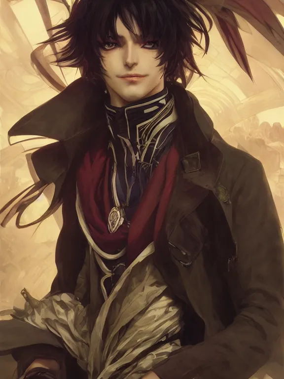 Image similar to manly eccentric lelouch lamperouge, hyper detailed, digital art, trending in artstation, cinematic lighting, studio quality, smooth render, unreal engine 5 rendered, octane rendered, concept art, smooth, sharp focus, illustration, art by artgerm and greg rutkowski and alphonse mucha and ian sprigger and wlop