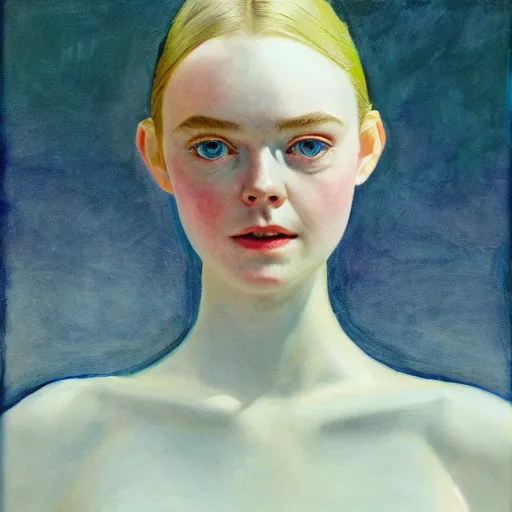 Prompt: Elle Fanning as an Android, head and shoulders masterpiece, oil on canvas, golden hour, in the world of Andrew Wyeth and Bruce Pennington, artstation, by J. C. Leyendecker and Peter Paul Rubens,