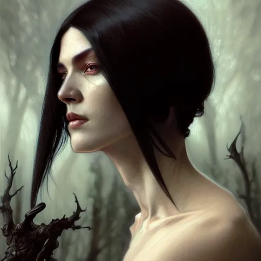 Image similar to portrait painting of an androgynous witch with shoulder length flowing black hair pale skin and beautiful dark brown eyes, ultra realistic, concept art, intricate details, eerie, highly detailed, photorealistic, octane render, 8 k, unreal engine. art by artgerm and greg rutkowski and alphonse mucha