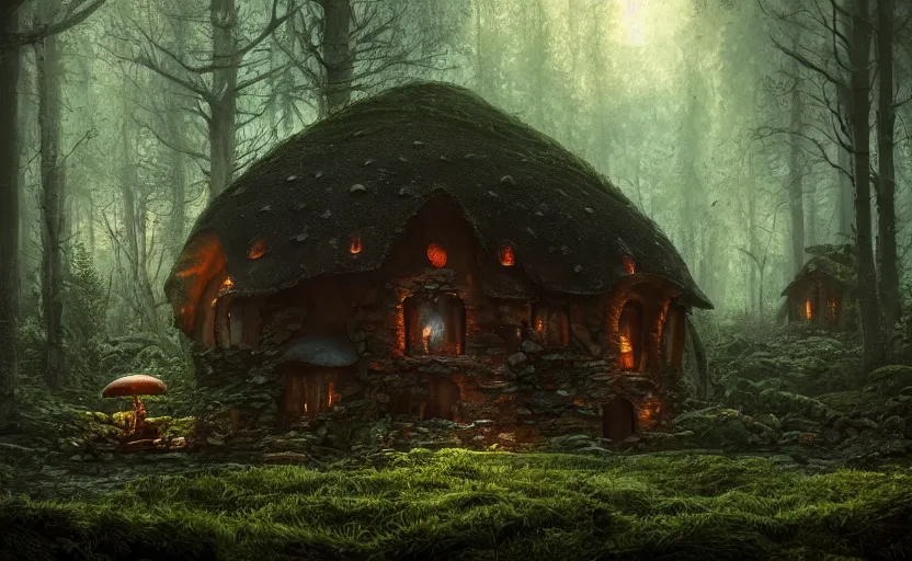 Image similar to A mushroom house!!!!, in a dark forest, small windows !!, macro, cool tones, underexposed, overecast, mysterious matte painting by greg rutkowski and marc simonetti and Ivan Shishkin, 4k