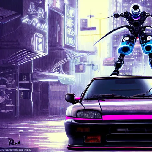 Prompt: beautiful hyper-detailed artwork of a robot ninja warrior with a sword, driving through the city, in a modified Nissan skyline r34, cyberpunk, lo-fi