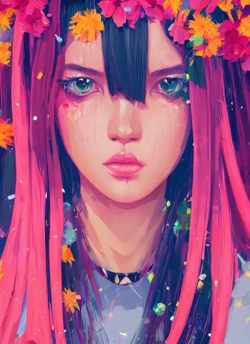 Image similar to lisa blackpink portrait illustration, pop art, splash painting, beautiful floral and plants ornaments in cloth and hair, art by ilya kuvshinov, greg rutkowski and makoto shinkai, dan mumford, artstation