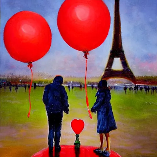 Prompt: two people standing in front of eiffel tower at trocadero holding red baloons, rainy day, strong colors, painting by eugene de lacroix,