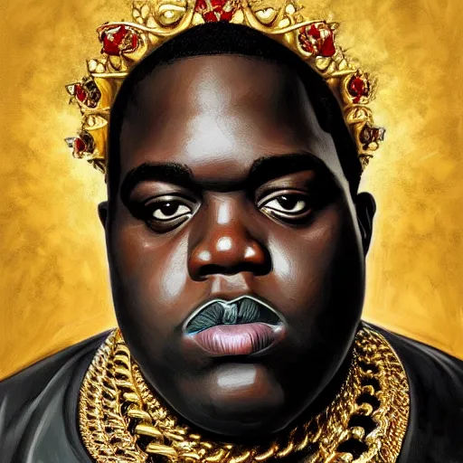 Prompt: highly detailed portrait of an notorious big wearing a gold crown and gold chains and brandishing a pistol, big eyes, realistic portrait, symmetrical, highly detailed, digital painting, artstation, concept art, smooth, sharp focus, illustration, cinematic lighting, art by artgerm and greg rutkowski and alphonse mucha