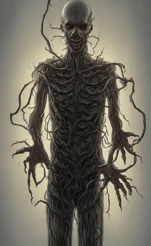 Image similar to full body portrait of Vecna from stranger things in the upside down, dynamic lighting, photorealistic, fantasy concept art, ambient lighting, atmospherical, stunning visuals, creative, cinematic, ultra detailed, trending on art station