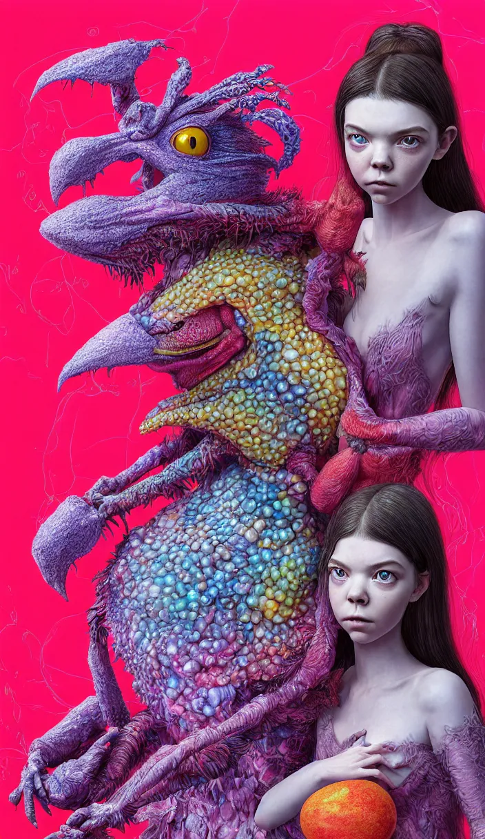 Image similar to hyper detailed 3d render like a Oil painting - kawaii portrait of two Aurora (a beautiful skeksis muppet fae princess protective playful from dark crystal that looks like Anya Taylor-Joy) seen red carpet photoshoot in UVIVF posing in scaly dress to Eat of the Strangling network of yellowcake aerochrome and milky Fruit and His delicate Hands hold of gossamer polyp blossoms bring iridescent fungal flowers whose spores black the foolish stars by Jacek Yerka, Ilya Kuvshinov, Mariusz Lewandowski, Houdini algorithmic generative render, Abstract brush strokes, Masterpiece, Edward Hopper and James Gilleard, Zdzislaw Beksinski, Mark Ryden, Wolfgang Lettl, hints of Yayoi Kasuma and Dr. Seuss, octane render, 8k