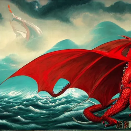 Image similar to great red bloody dragon goes against samurai and a beautiful geisha under intense dark clouds fighting tooth and blood over the great vast blue ocean oil painting 8 k