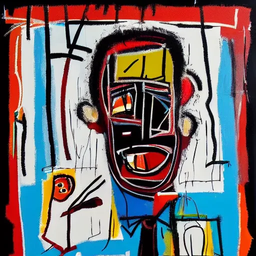 Prompt: It's morning. Sunlight is pouring through the window bathing the face of a man enjoying a hot cup of coffee. A new day has dawned bringing with it new hopes and aspirations. Painted in the style of Basquiat, 1982