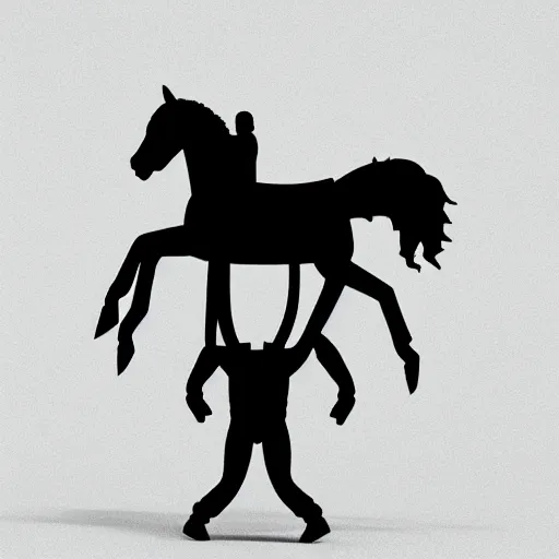 Image similar to an astronaut standing on the ground and a small trippy aggressive centaur standing on that poor little human standing on all fours astronaut, trying to ride it, the minimalistic lonely horse is on his shoulders, minimalist style, 3 d render, isometry