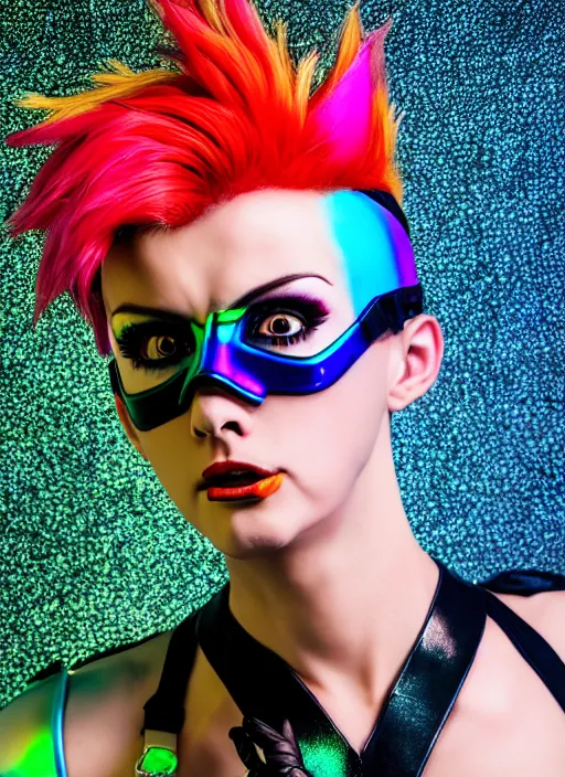 Image similar to realistic photo portrait of tracer overwatch, confident pose, wearing black iridescent rainbow latex, rainbow, neon, 4 k, expressive surprised expression, makeup, wearing detailed black leather collar, wearing sleek armor, studio lighting, black leather harness, expressive detailed face and eyes,