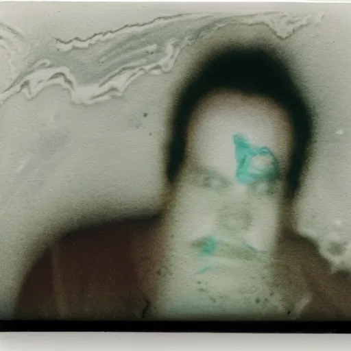 Prompt: a liquid white clay porcelain portrait of a dude face melt down flow go runny, realistic detailed watercolor polaroid, grainy image, contrast