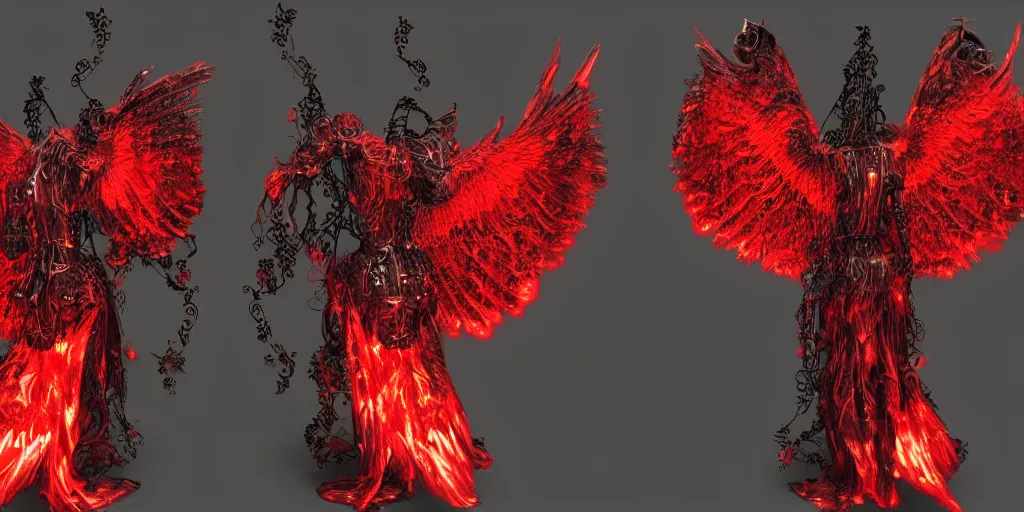 Image similar to pair of red mechanical demon wings, steampunk style, highly detailed, red houdini particle effects, glow, black background