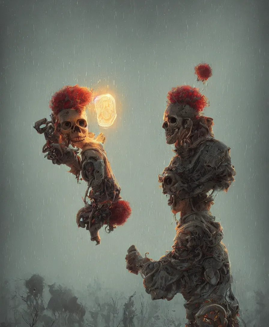 Image similar to portrait skull clown, raining, illustrated by Simon Stålenhag and Gaston Bussiere, beautiful volumetric lighting style atmosphere, intricate, ultra detailed, photorealistic, trending on artstation