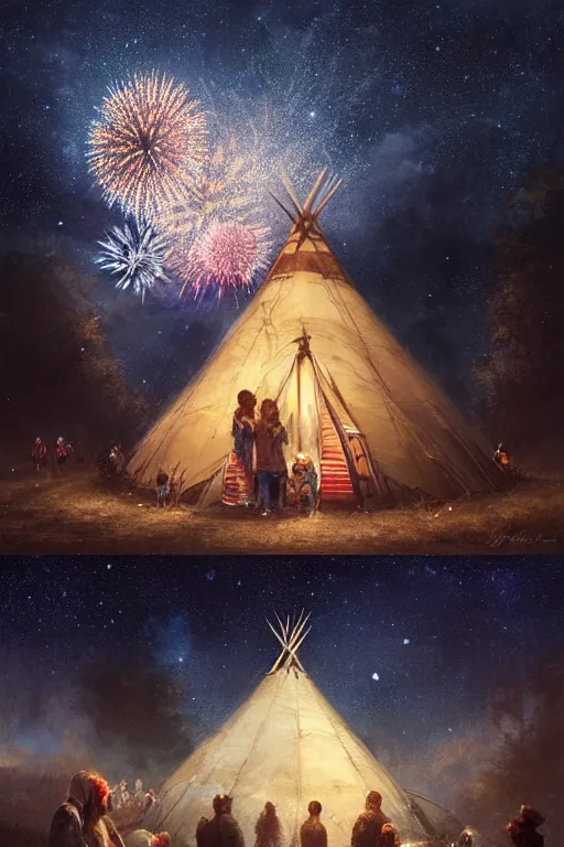 Image similar to a mother a father and 8 children sitting in front of a tipi with galaxies overhead, fireworks, by wlop, by luis royo, by peter mohrbacher, concept art, digital illustration, intricate, masterpiece, elegant, super detailed, unreal engine rendering, smooth, sharp focus, artstation hq