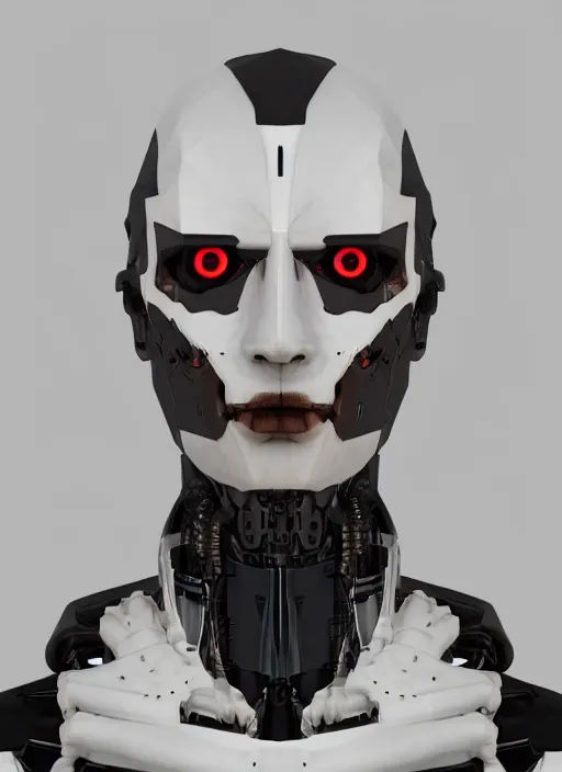 Prompt: angled facial portrait of a cyberpunk bone ceramic caliente humanoid robot Brasileiro with an attractive face and handsome features, large white glowing eyes, macho, piroca, dotado, guapo, reflective surface, trending on cgsociety, trending on artstation