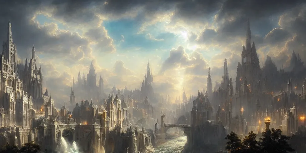 Image similar to beautiful fantasy city made from white stone and bright copper, medieval city, metropolis, magic, waterways, waterfalls, gorgeous clouds, white marble, god rays, digital art, landscape, fantasy art, octane render, ureal engine, high detail, very realistic, by greg rutkowski. by james gurney