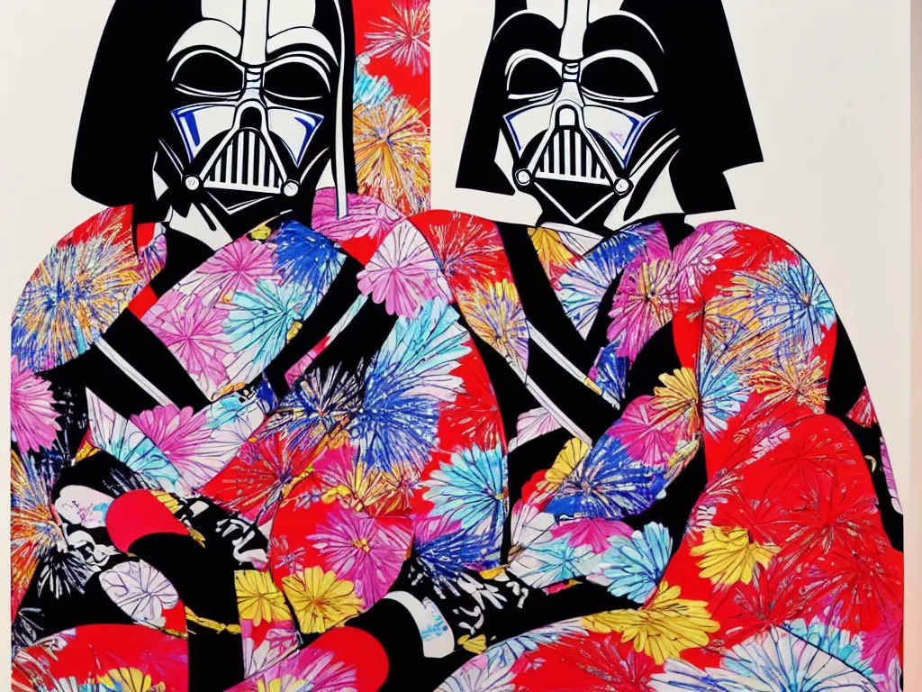 Image similar to hyperrealism composition of the detailed woman in a japanese kimono sitting at an extremely detailed poker table with darth vader, fireworks on the background, pop - art style, jacky tsai style, andy warhol style, acrylic on canvas