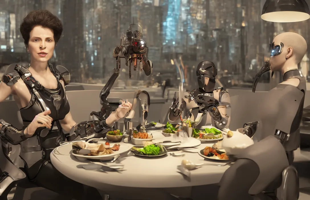 Image similar to portrait of mirta legrand with cibernetic eye sitting at the table having lunch with cyborgs. 4 k octane render