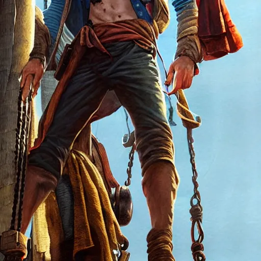 Prompt: tom holland as a pirate, standing on the mast, fine face, face focused, fine detailed face, long hair, realistic shaded lighting poster by greg rutkowski, cinematic lighting, sharp focus, highly detailed attributes and atmosphere