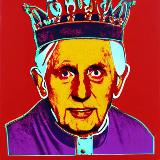 Image similar to portrait of pope benedict xvi wearing tiara on the top of his head in the style of screen print by andy warhol. pop art