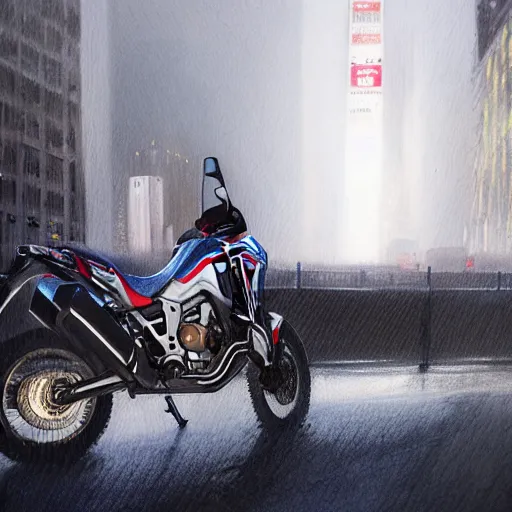 Image similar to honda africa twin at night view of new york in heavy mist, highly detailed, cinematic, hyperrealistic, artstation, concept art