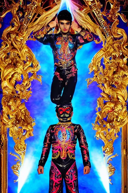 Image similar to full-body sculpture of a young handsome Zayn Malik as a mexican luchador cibernetic android with a glowing blue battery in his chest, white laser beam coming out of his eyes, crown of giant diamonds, flowing neon-colored silk, fabric, raptors, in a cyperbunk and baroque style. baroque elements. full-length view. baroque element. intricate artwork by caravaggio. many many birds birds on background. Trending on artstation, octane render, cinematic lighting from the right, hyper realism, octane render, 8k, depth of field, 3D