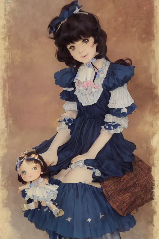 Image similar to a character design of black - haired little girl in a blue lolita dress with stars and petticoat holding a doll sitting on the subway by krenz cushart and mucha and akihito yoshida and greg rutkowski, detailed eyes, 4 k resolution