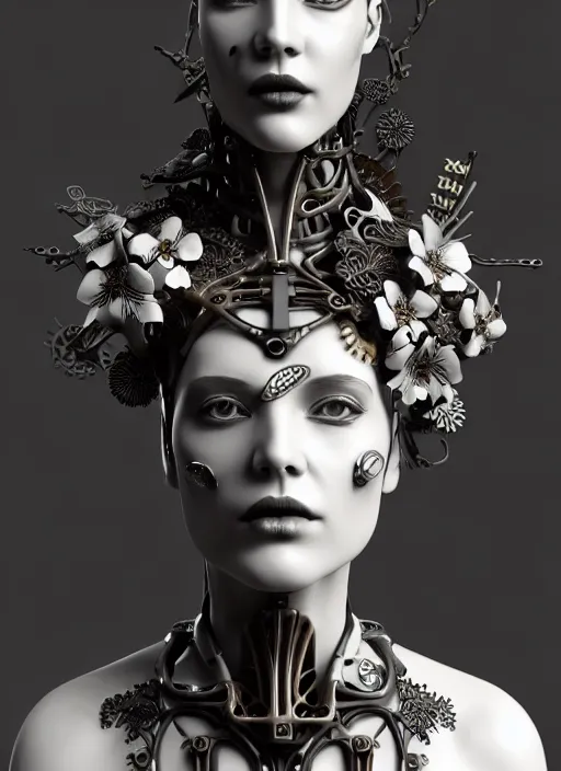 Image similar to monochrome 3 d model, steampunk biomechanical beautiful young female cyborg with porcelain profile face and a big floral eye, volumetric light, leaves foliage and stems, hibiscus flowers, boho floral vines, sinuous fine roots, fine foliage lace, alexander mcqueen, rim light, big gothic fashion pearl embroidered collar, octane render, 8 k