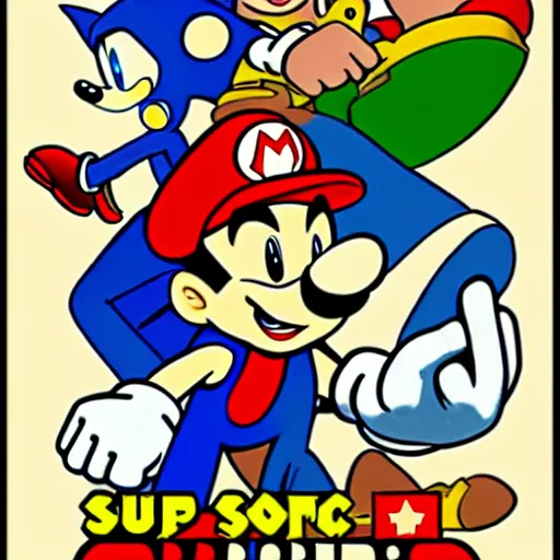 Image similar to 1940s disney film about super mario and sonic the hedgehog