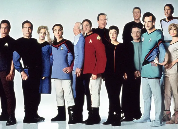 Prompt: a promo photo from a 1 9 9 0 s sci - fi tv programme, star trek tng, deep space 9, babylon 5, quantum leap, vhs distortion