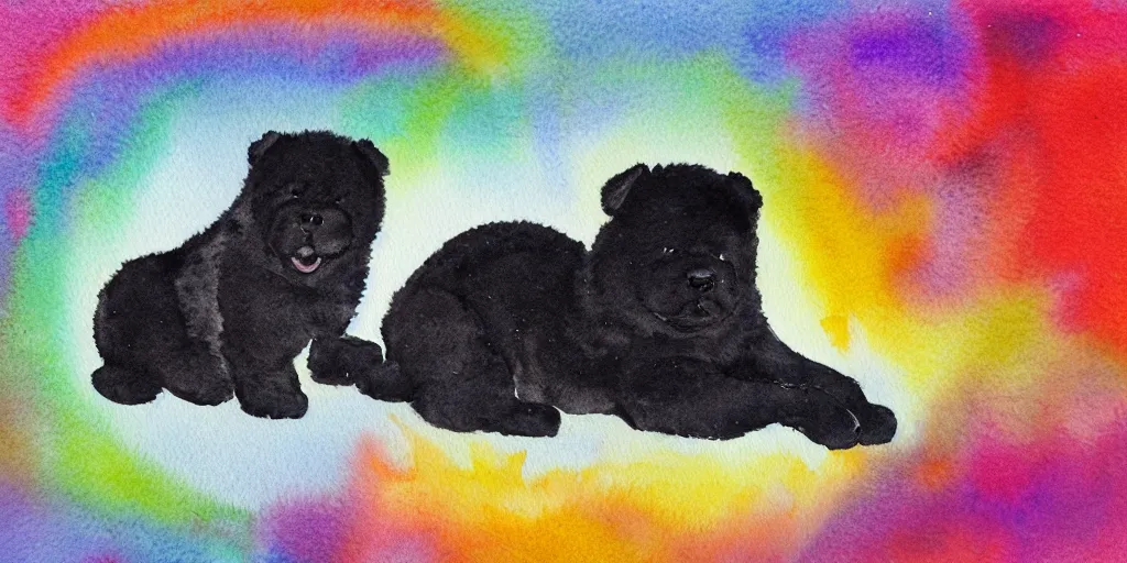 Image similar to a watercolor painting of an off - black chow chow puppy standing on a glowing rainbow bridge