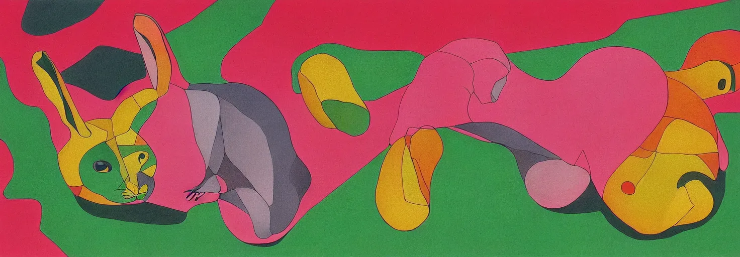 Image similar to rabbit shape pink rock, by m. c. escher, yellow, green, red, snowy, ultra sharp, ultra detailed, cyberpunk, happy, uplifting, colorized by salvador dali