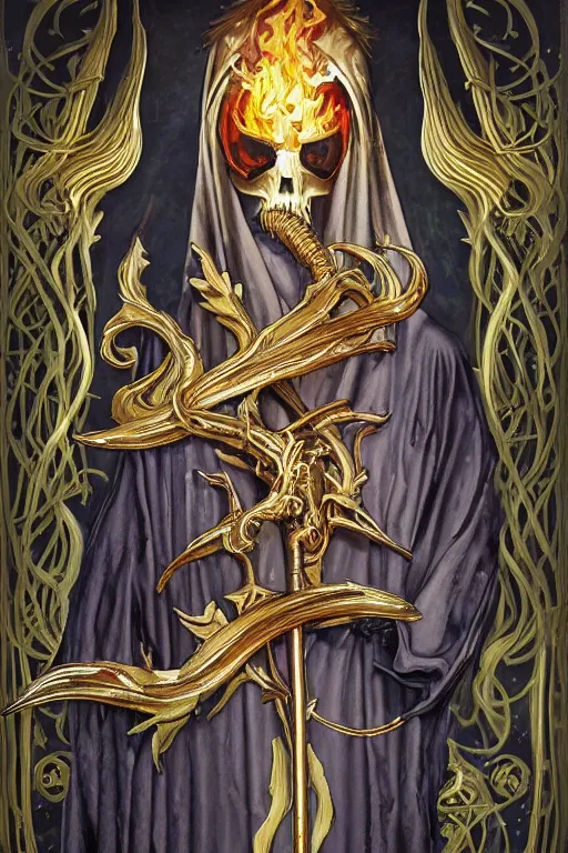Prompt: realistic oil painting of grim reaper with a cloak and hood of fireflies and flameches, golden art nouveau scythe blade, flames intricate stained glass background, elegant, intricate art nouveau frame, highly detailed, oil painting, artstation, concept art, matte, sharp focus, art by Artgerm and Greg Rutkowski and Seb Mckinnon