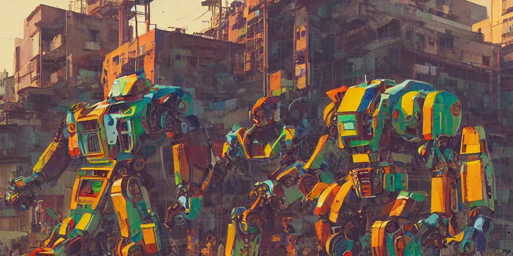 Image similar to colourful - damaged - giant mecha ROBOT of AJEGUNLE SLUMS in Lagos, markings on robot, Golden Hour, painting by Hsiao-Ron Cheng,