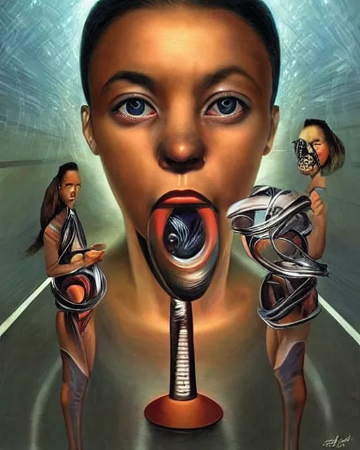 Prompt: futurism theme surrealist art in the styles of igor morski, jim warren, and wangechi mutu, intricate, hyperrealistic, accurate facial details, profile picture with chromakey!!!!! background, volumetric lighting