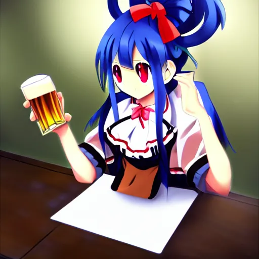 Prompt: suika ibuki from touhou project drinking beer and sitting at a computer, anime art, touhou project, suika, imageboard, personal computer, amazing composition