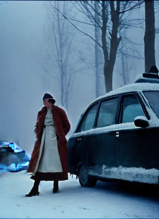 Image similar to emma getting out of taxi in winter, faded color film, russian cinema, tarkovsky, kodachrome, heavy fog, 4 k, dramatic lighting, greg rutkowski