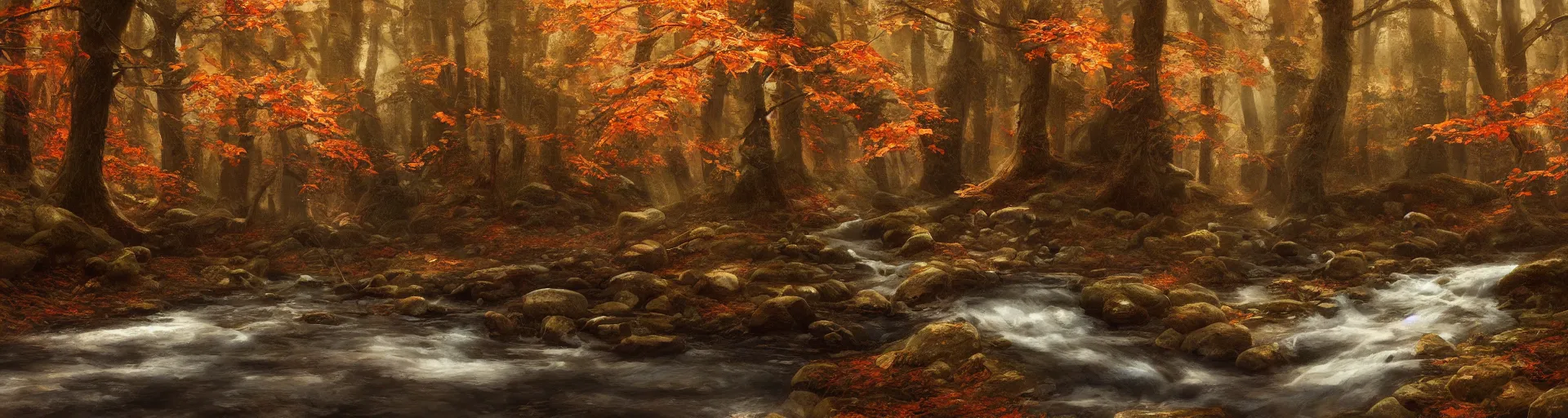 Prompt: stream flowing through autumnal forest, d & d, fantasy, portrait, highly detailed, digital painting, trending on artstation, concept art, sharp focus, illustration, art by artgerm and greg rutkowski and magali villeneuve