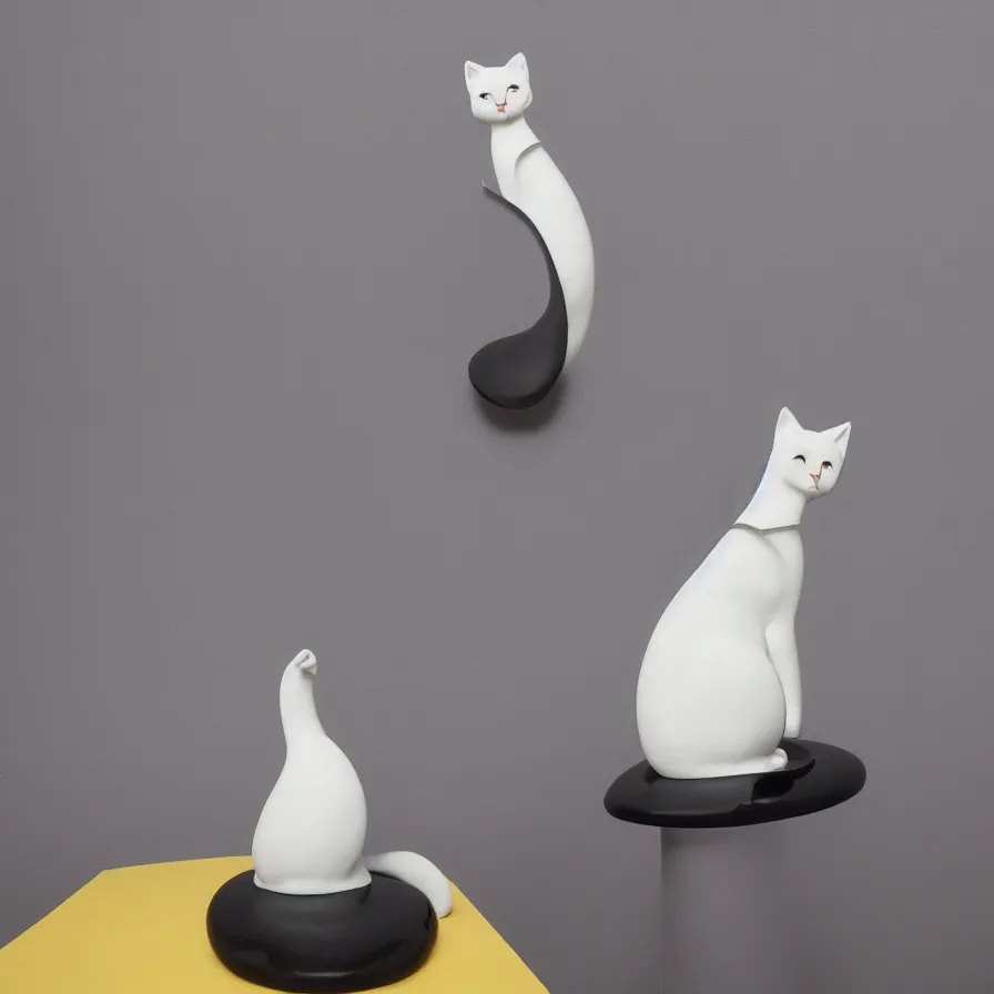 Prompt: beautiful gallery show studio photograph of a giant realistic curvy ceramic sculpture of a kitten cat!!!!!, glazed by bridget riley and victor vasarely, placed on a polished wooden table, colorful hyperrealism 8 k trending on artstation