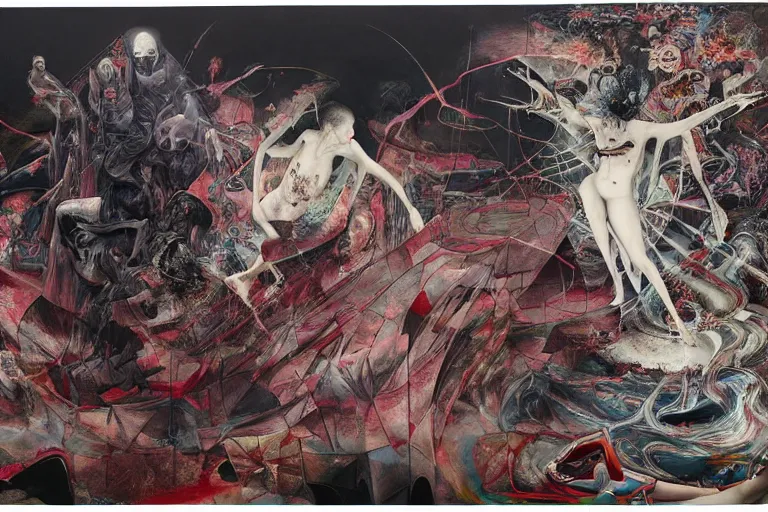 Image similar to The physical impossibility of death, in a brutalist architecture space ship, gothic, rich deep colours, creepy, diabolical, dark, mystical, intrincate, maximalism, painted by Francis bacon, Adrian ghenie, James jean and Petra cortright part by Gerhard Richter, part by Takato Yamamoto. 8k masterpiece