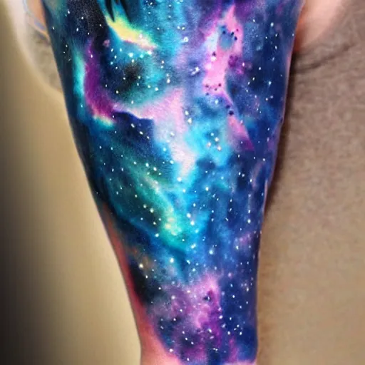 Image similar to A galaxy wolf shaped nebula watercolor tattoo, highly detailed,