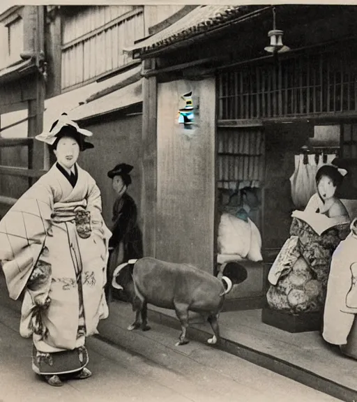 Image similar to 1 8 th century japanese street market in kyoto 1 9 0 0 s early photography portrait anthro anthropomorphic cow head animal person fursona wearing clothes street trader