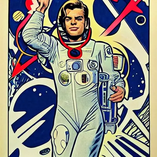 Prompt: a man resembling sebastian stan, floating in space. he is an astronaut, wearing a space suit. well composed, clean elegant painting, beautiful detailed face. comic book art by steve ditko and jack kirby and ( alphonse mucha )