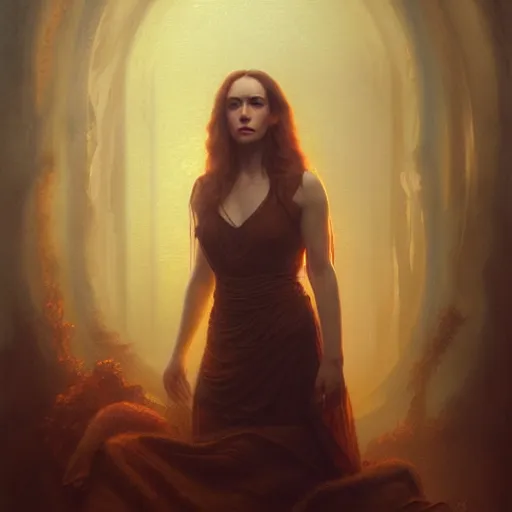 Image similar to riveting seductive oracle of delphi portrait, mysterious atmospheric lighting, painted, intricate, volumetric lighting, beautiful, rich deep colours masterpiece, golden hour, sharp focus, ultra detailed, by leesha hannigan, ross tran, thierry doizon, kai carpenter, ignacio fernandez rios