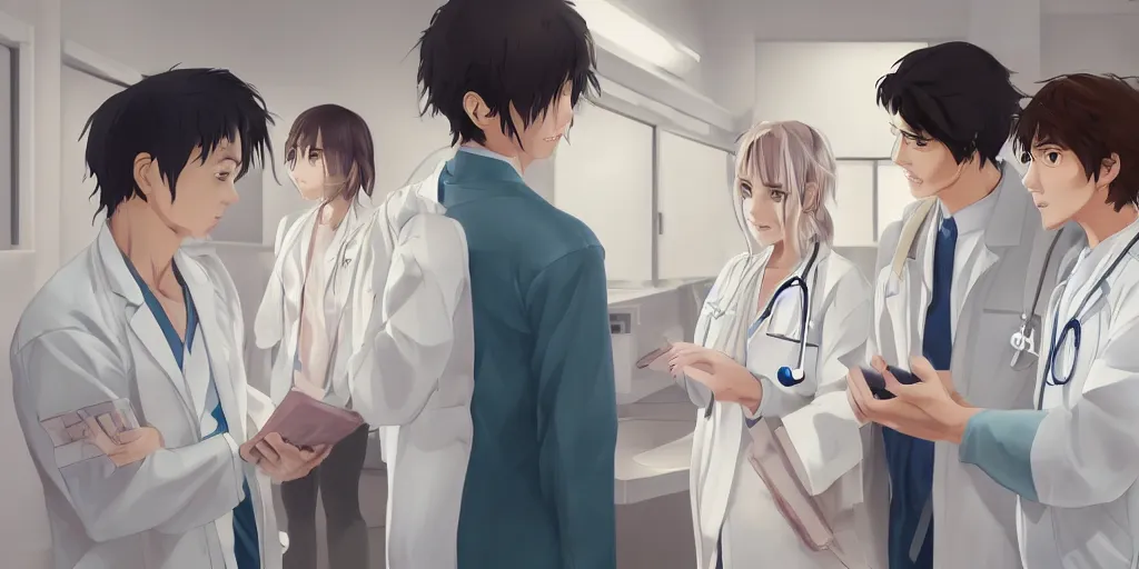 Image similar to a cute and beautiful young female doctor wearing white coat are talking with a handsome young man wearing white coat in a hospital ward, highly detailed, digital painting, slice of life anime, illustration, anime scenery by Makoto shinkai