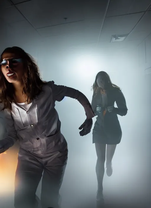 Image similar to a stock photo of a halloween female scientist running from a monster in a lab, wide shot, 2 4 mm lens, cinematic lighting, volumetric fog, iso 8 0 0, shallow depth of field, horror movie, award winning