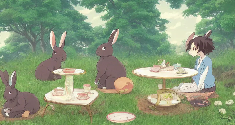 Image similar to 3 bunnies having a tea party, by studio ghibli, makoto shinkai, beautiful nature illustration