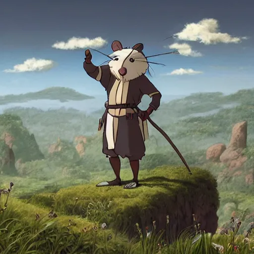 Prompt: an anthropomorphic rat dressed as an explorer, medieval clothing, renaissance, studio Ghibli, open landscape, plants, black and white matte painting